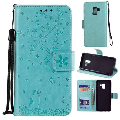 Embossing Cherry Blossom Cat Leather Wallet Case for Samsung Galaxy A8 2018 A530 - Green