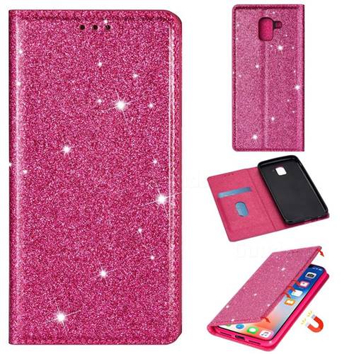 Ultra Slim Glitter Powder Magnetic Automatic Suction Leather Wallet Case for Samsung Galaxy A8 2018 A530 - Rose Red