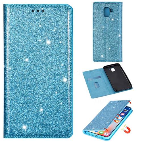 Ultra Slim Glitter Powder Magnetic Automatic Suction Leather Wallet Case for Samsung Galaxy A8 2018 A530 - Blue
