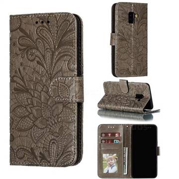 Intricate Embossing Lace Jasmine Flower Leather Wallet Case for Samsung Galaxy A8 2018 A530 - Gray