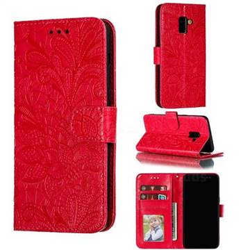Intricate Embossing Lace Jasmine Flower Leather Wallet Case for Samsung Galaxy A8 2018 A530 - Red