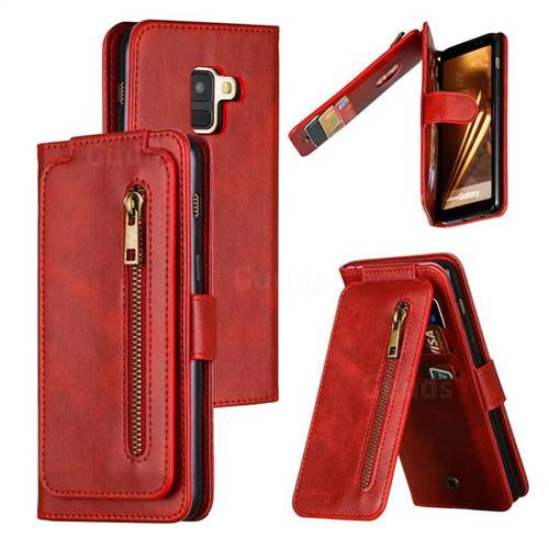 Multifunction 9 Cards Leather Zipper Wallet Phone Case for Samsung Galaxy A8 2018 A530 - Red