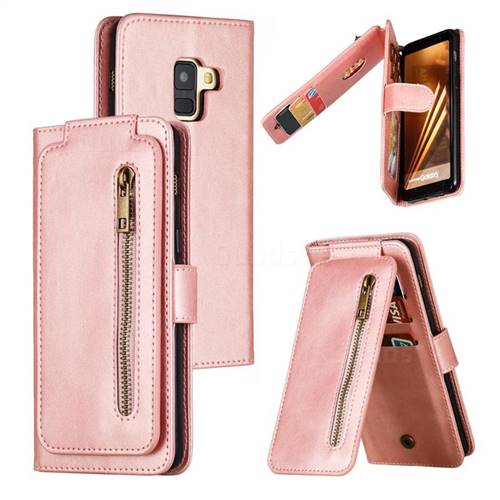Multifunction 9 Cards Leather Zipper Wallet Phone Case for Samsung Galaxy A8 2018 A530 - Rose Gold