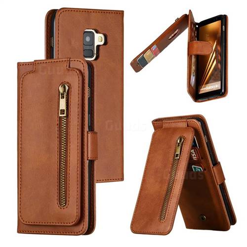 Multifunction 9 Cards Leather Zipper Wallet Phone Case for Samsung Galaxy A8 2018 A530 - Brown