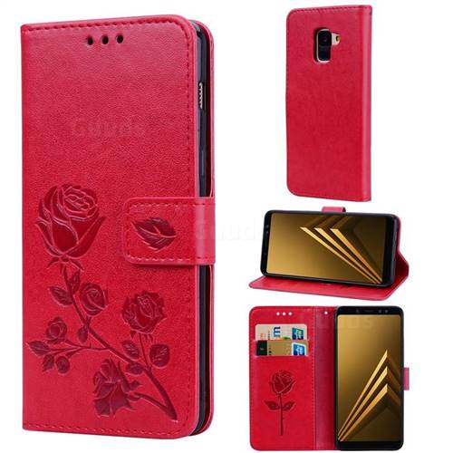 Embossing Rose Flower Leather Wallet Case for Samsung Galaxy A8 2018 A530 - Red