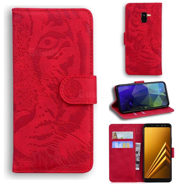 Intricate Embossing Tiger Face Leather Wallet Case for Samsung Galaxy A8 2018 A530 - Red