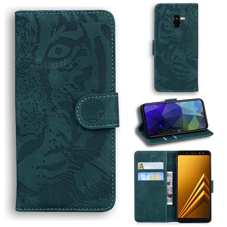 Intricate Embossing Tiger Face Leather Wallet Case for Samsung Galaxy A8 2018 A530 - Green