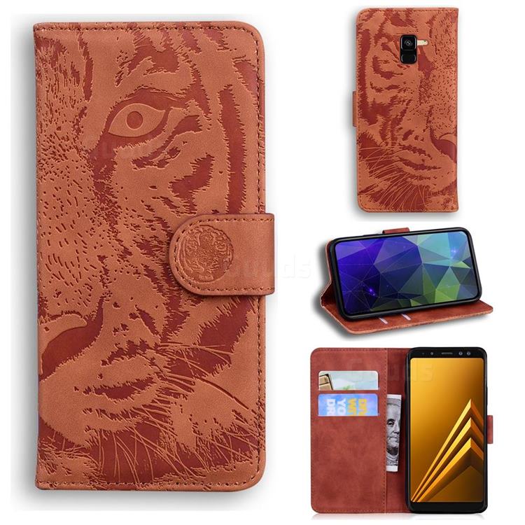 Intricate Embossing Tiger Face Leather Wallet Case for Samsung Galaxy A8 2018 A530 - Brown