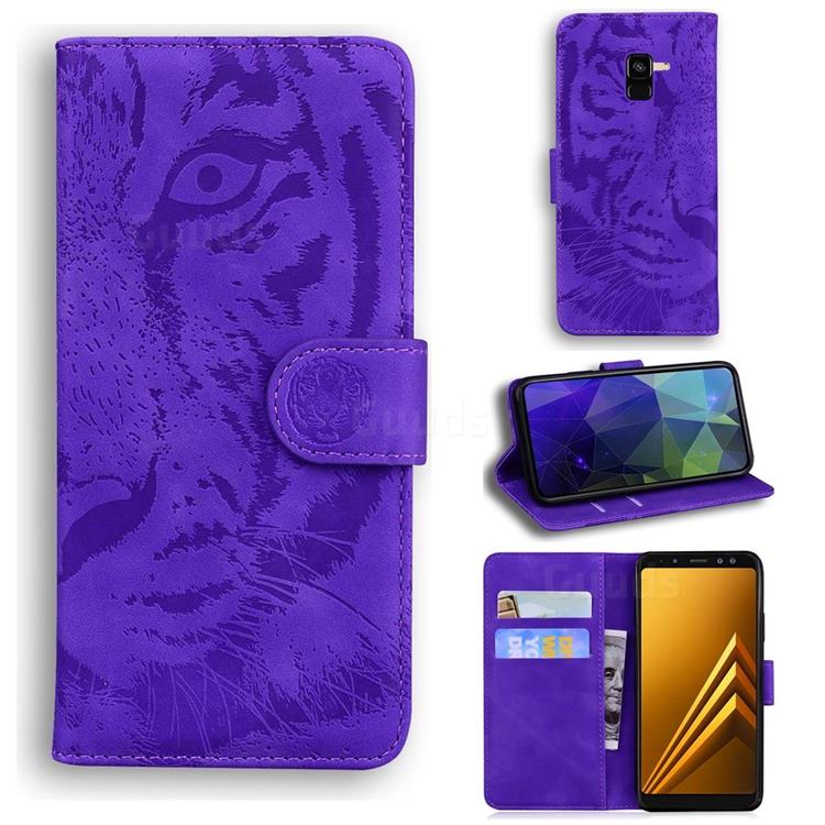 Intricate Embossing Tiger Face Leather Wallet Case for Samsung Galaxy A8 2018 A530 - Purple