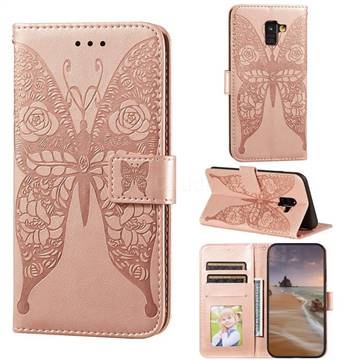 Intricate Embossing Rose Flower Butterfly Leather Wallet Case for Samsung Galaxy A8 2018 A530 - Rose Gold