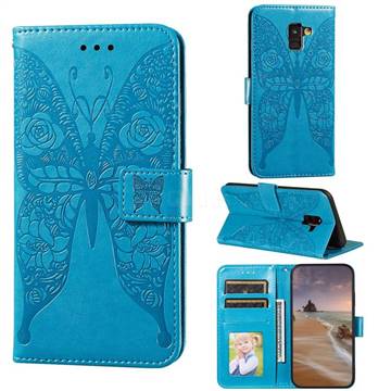 Intricate Embossing Rose Flower Butterfly Leather Wallet Case for Samsung Galaxy A8 2018 A530 - Blue