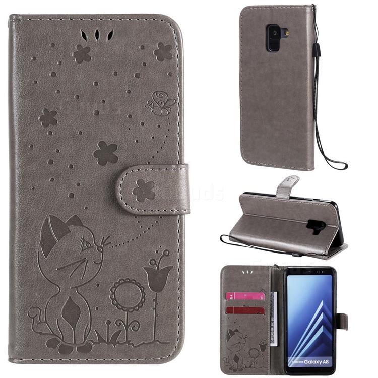 Embossing Bee and Cat Leather Wallet Case for Samsung Galaxy A8 2018 A530 - Gray