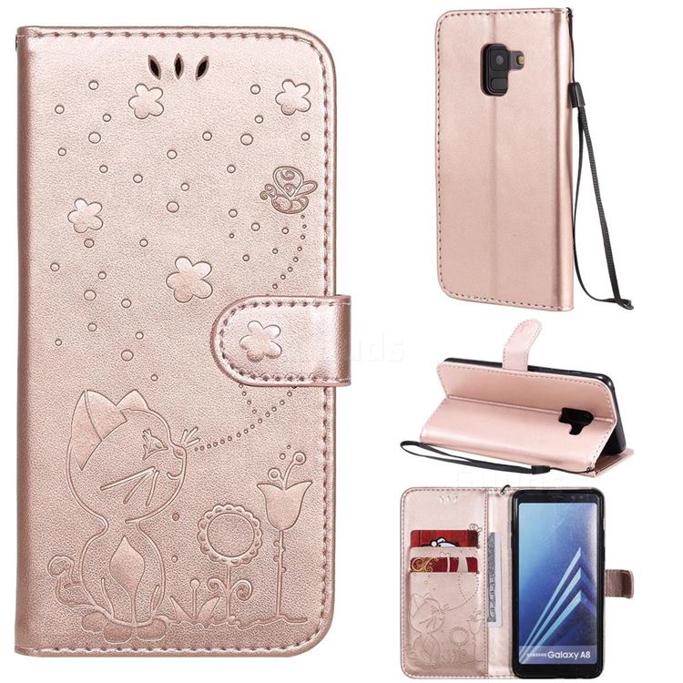 Embossing Bee and Cat Leather Wallet Case for Samsung Galaxy A8 2018 A530 - Rose Gold