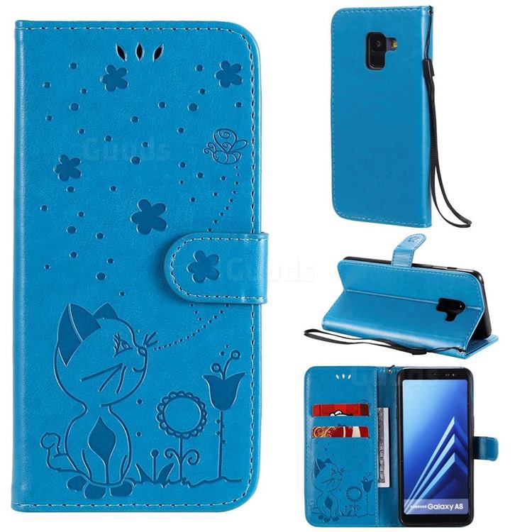 Embossing Bee and Cat Leather Wallet Case for Samsung Galaxy A8 2018 A530 - Blue