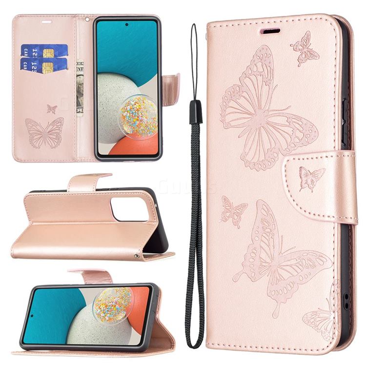 Embossing Double Butterfly Leather Wallet Case for Samsung Galaxy A53 5G - Rose Gold