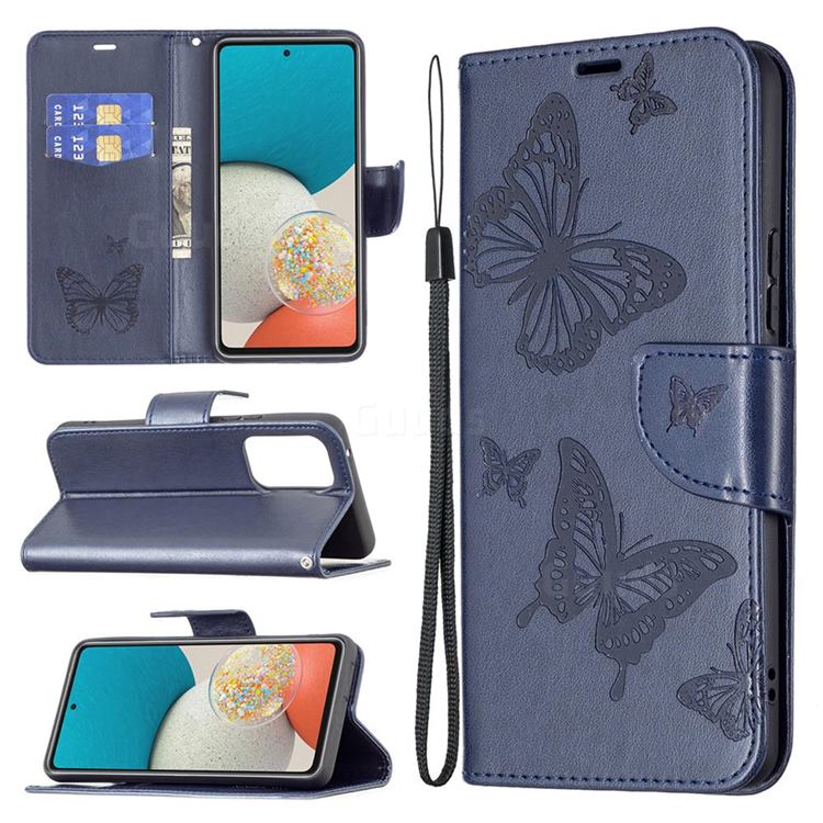 Embossing Double Butterfly Leather Wallet Case for Samsung Galaxy A53 5G - Dark Blue