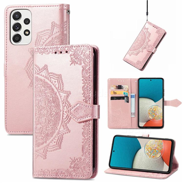Embossing Imprint Mandala Flower Leather Wallet Case for Samsung Galaxy A53 5G - Rose Gold
