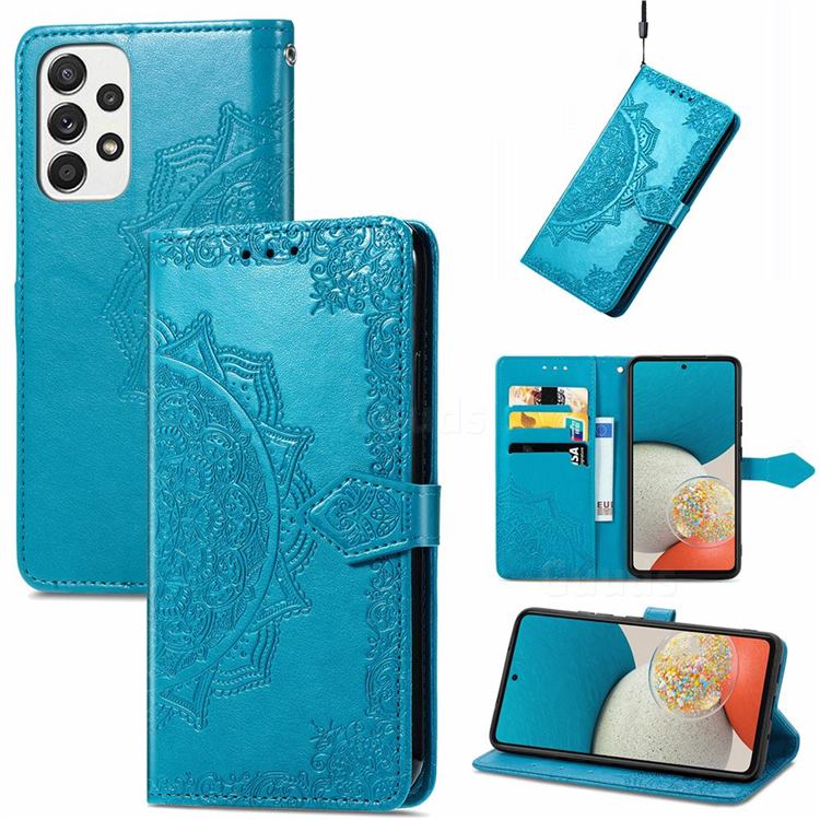 Embossing Imprint Mandala Flower Leather Wallet Case for Samsung Galaxy A53 5G - Blue