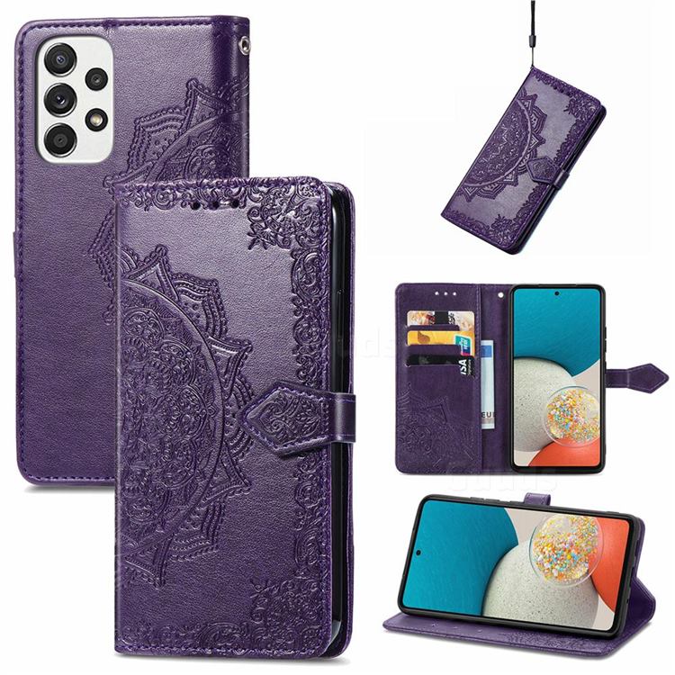 Embossing Imprint Mandala Flower Leather Wallet Case for Samsung Galaxy A53 5G - Purple