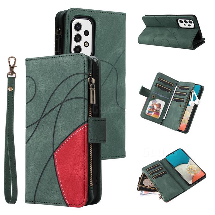 Luxury Two-color Stitching Multi-function Zipper Leather Wallet Case Cover for Samsung Galaxy A53 5G - Green