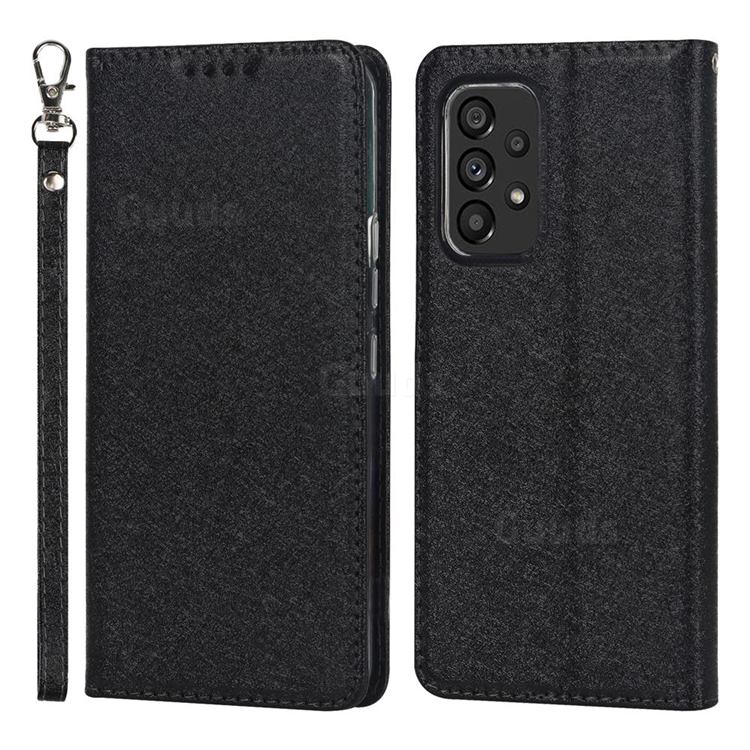 Ultra Slim Magnetic Automatic Suction Silk Lanyard Leather Flip Cover for Samsung Galaxy A53 5G - Black