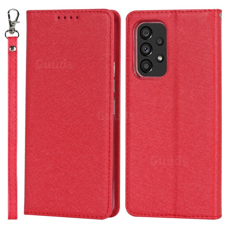 Ultra Slim Magnetic Automatic Suction Silk Lanyard Leather Flip Cover for Samsung Galaxy A53 5G - Red