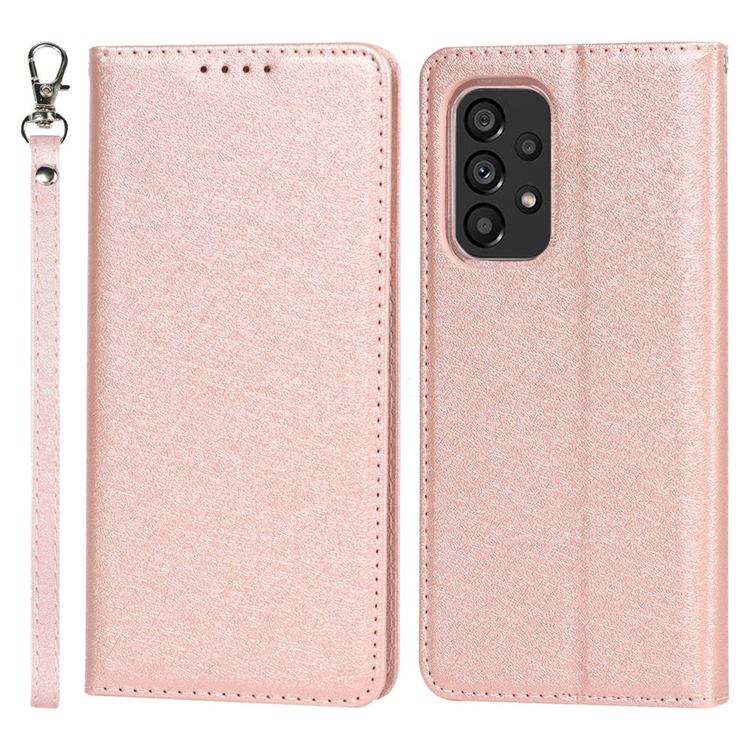Ultra Slim Magnetic Automatic Suction Silk Lanyard Leather Flip Cover for Samsung Galaxy A53 5G - Rose Gold