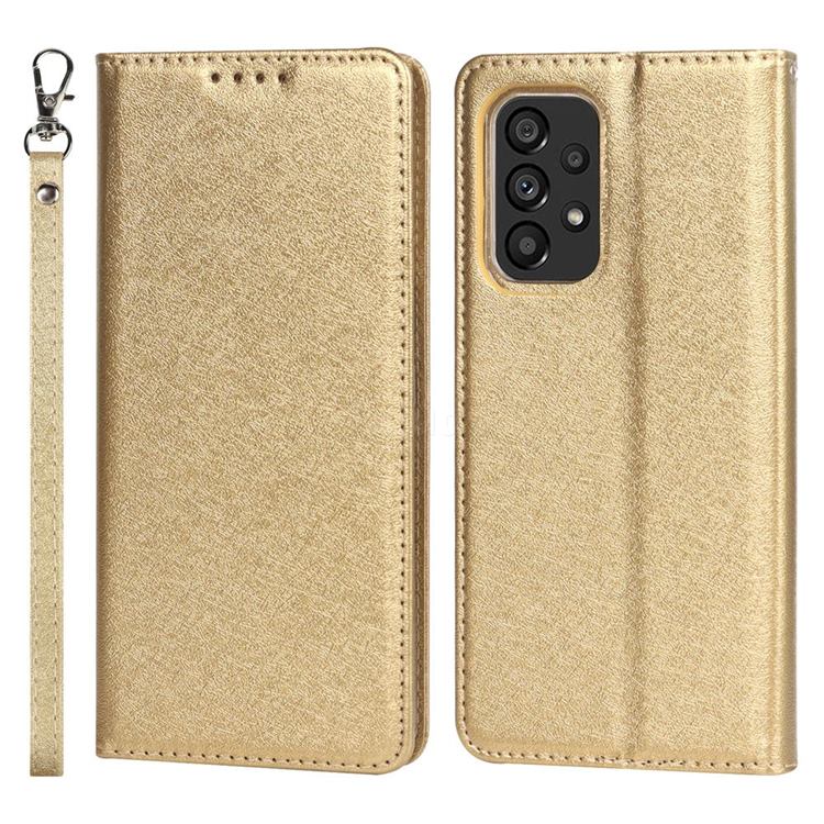 Ultra Slim Magnetic Automatic Suction Silk Lanyard Leather Flip Cover for Samsung Galaxy A53 5G - Golden