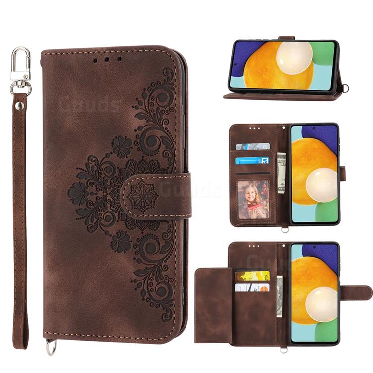 Skin Feel Embossed Lace Flower Multiple Card Slots Leather Wallet Phone Case for Samsung Galaxy A53 5G - Brown