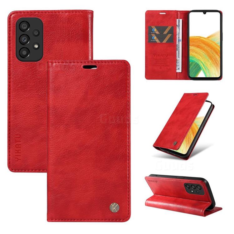 YIKATU Litchi Card Magnetic Automatic Suction Leather Flip Cover for Samsung Galaxy A53 5G - Bright Red