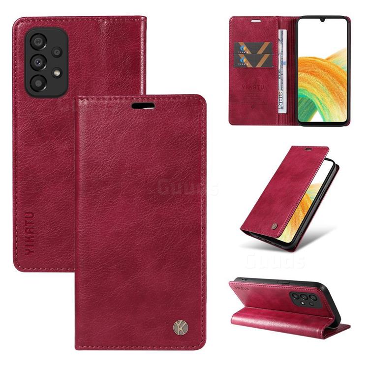 YIKATU Litchi Card Magnetic Automatic Suction Leather Flip Cover for Samsung Galaxy A53 5G - Wine Red
