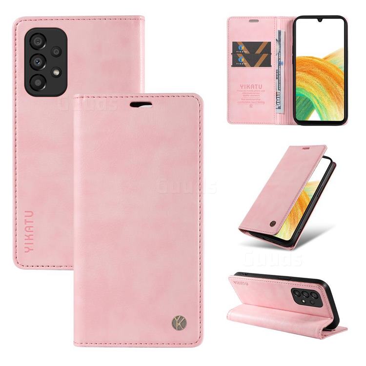 YIKATU Litchi Card Magnetic Automatic Suction Leather Flip Cover for Samsung Galaxy A53 5G - Pink