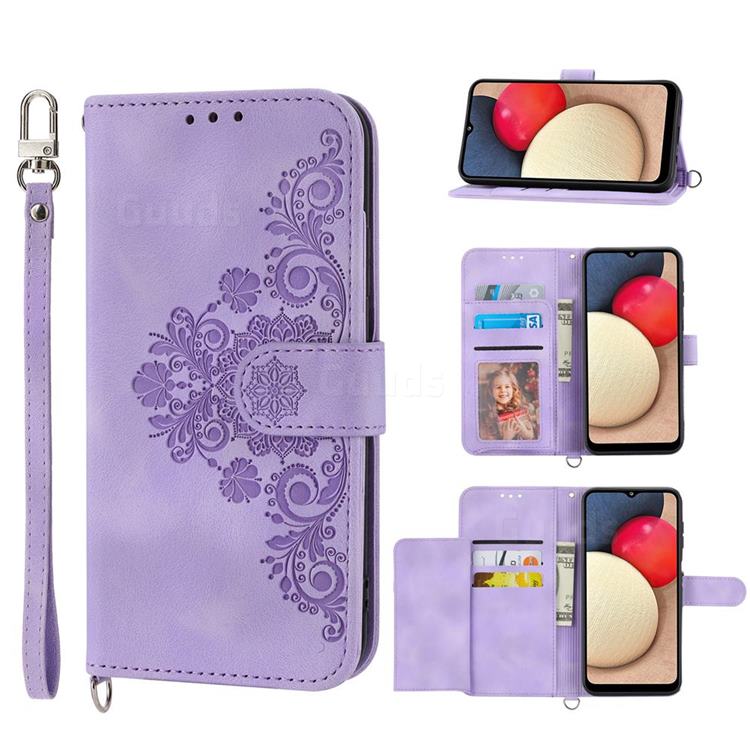Skin Feel Embossed Lace Flower Multiple Card Slots Leather Wallet Phone Case for Samsung Galaxy A54 5G - Purple