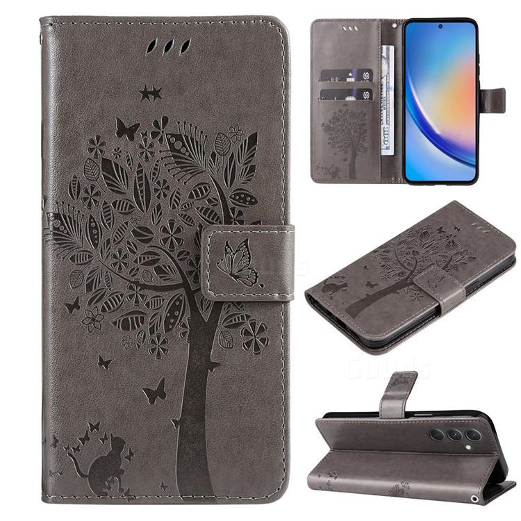 Embossing Butterfly Tree Leather Wallet Case for Samsung Galaxy A55 5G - Grey