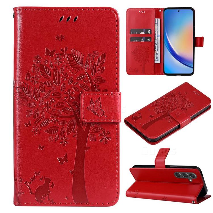 Embossing Butterfly Tree Leather Wallet Case for Samsung Galaxy A55 5G - Red