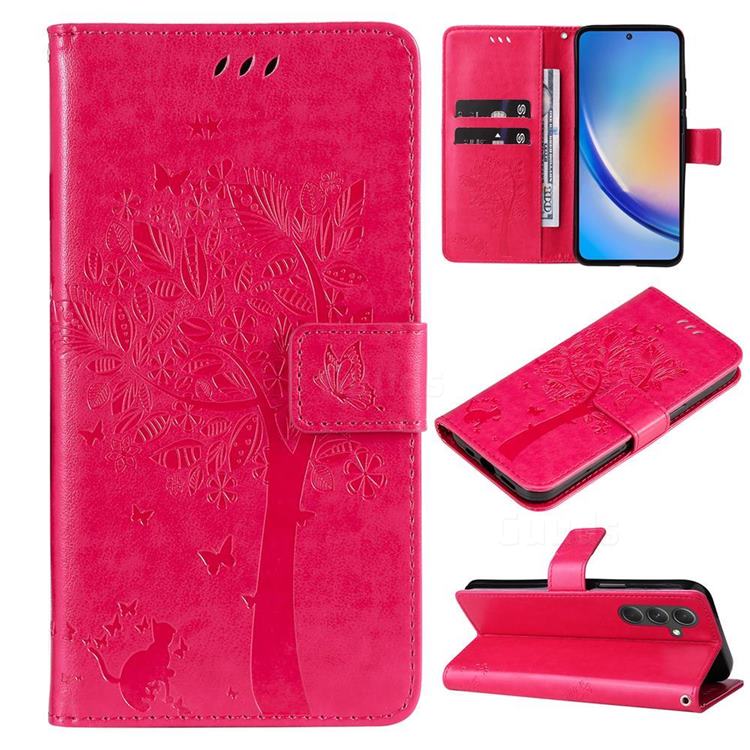 Embossing Butterfly Tree Leather Wallet Case for Samsung Galaxy A55 5G - Rose
