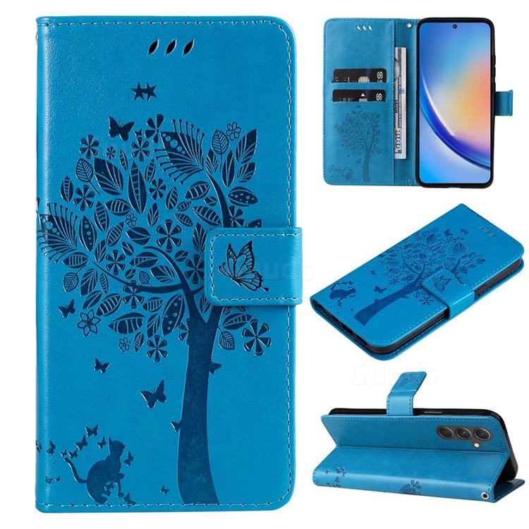 Embossing Butterfly Tree Leather Wallet Case for Samsung Galaxy A55 5G - Blue