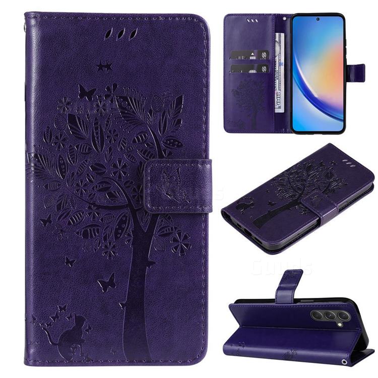 Embossing Butterfly Tree Leather Wallet Case for Samsung Galaxy A55 5G - Purple