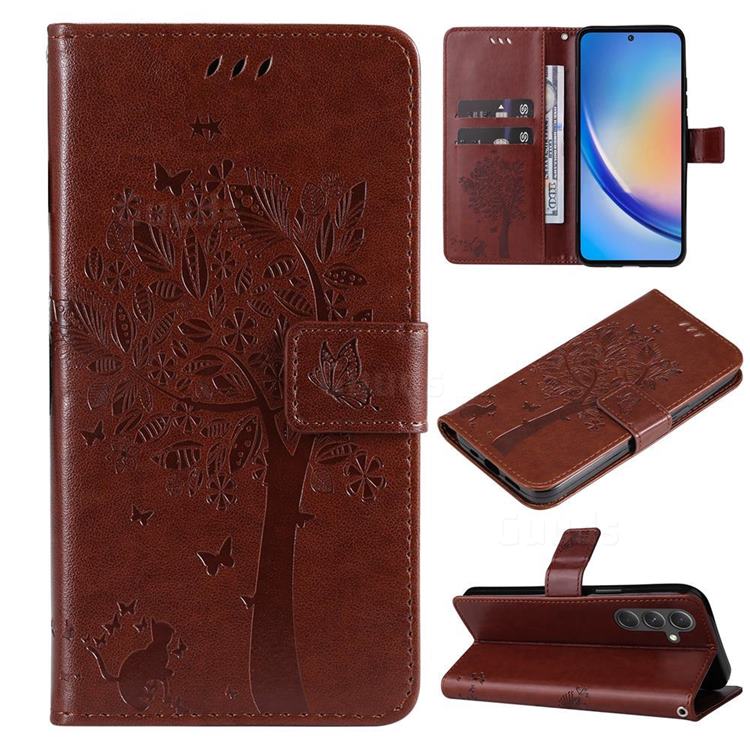 Embossing Butterfly Tree Leather Wallet Case for Samsung Galaxy A55 5G - Coffee