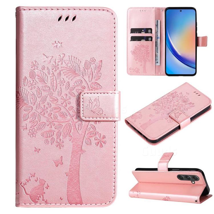 Embossing Butterfly Tree Leather Wallet Case for Samsung Galaxy A55 5G - Rose Pink