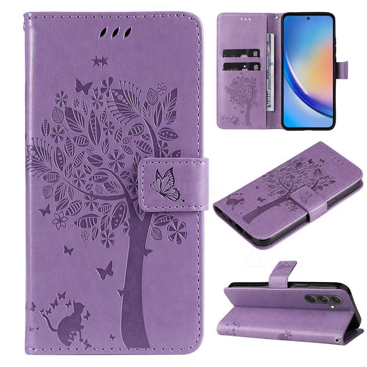 Embossing Butterfly Tree Leather Wallet Case for Samsung Galaxy A55 5G - Violet