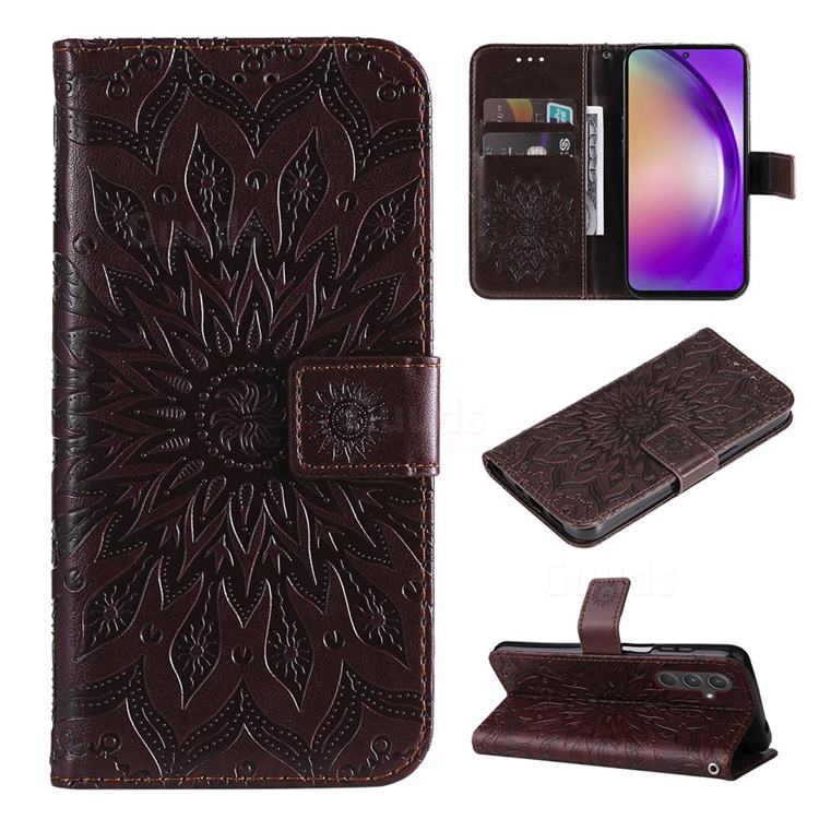 Embossing Sunflower Leather Wallet Case for Samsung Galaxy A55 5G - Brown