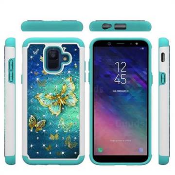 Gold Butterfly Studded Rhinestone Bling Diamond Shock Absorbing Hybrid Defender Rugged Phone Case Cover for Samsung Galaxy A6 (2018)