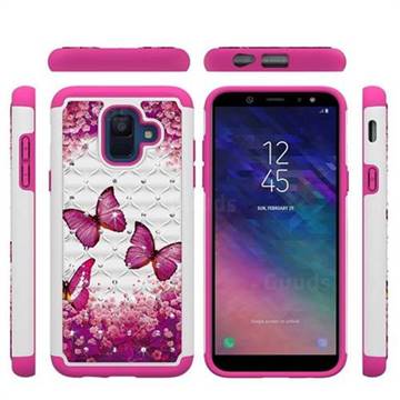 Rose Butterfly Studded Rhinestone Bling Diamond Shock Absorbing Hybrid Defender Rugged Phone Case Cover for Samsung Galaxy A6 (2018)