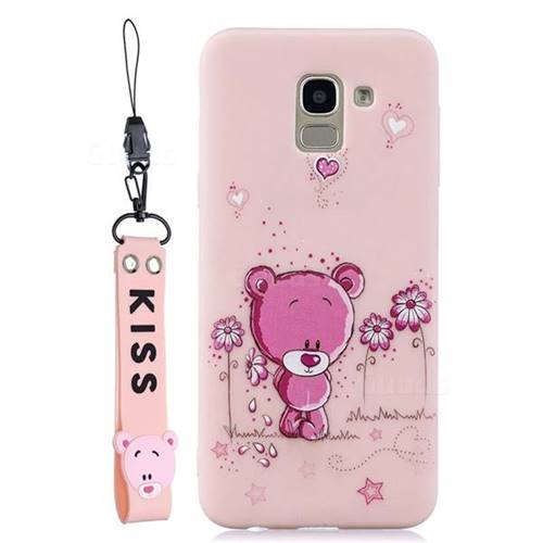 Pink Flower Bear Soft Kiss Candy Hand Strap Silicone Case for Samsung Galaxy A6 (2018)