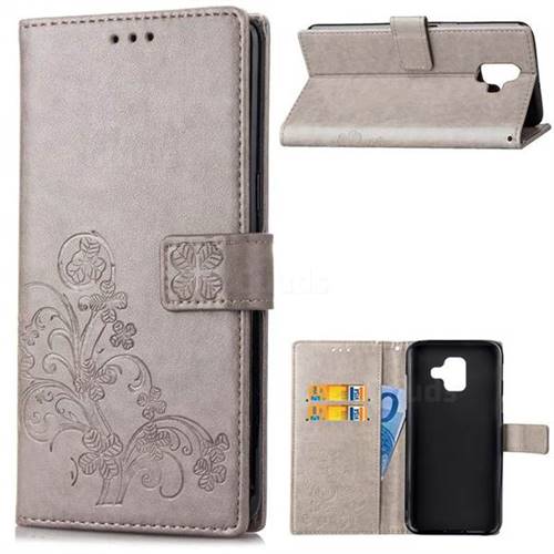 Embossing Imprint Four-Leaf Clover Leather Wallet Case for Samsung Galaxy A6 (2018) - Grey
