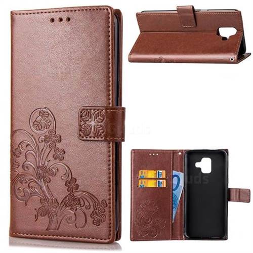 Embossing Imprint Four-Leaf Clover Leather Wallet Case for Samsung Galaxy A6 (2018) - Brown