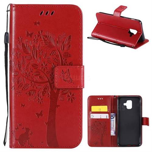 Embossing Butterfly Tree Leather Wallet Case for Samsung Galaxy A6 (2018) - Red