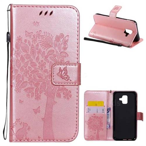 Embossing Butterfly Tree Leather Wallet Case for Samsung Galaxy A6 (2018) - Rose Pink