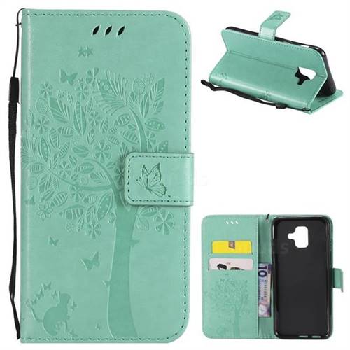 Embossing Butterfly Tree Leather Wallet Case for Samsung Galaxy A6 (2018) - Cyan